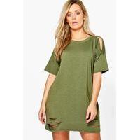 Faith Distressed T-shirt Dress - khaki