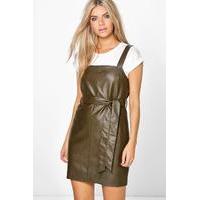 Faux Leather Tie Front Pinafore Dress - moss