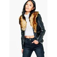 Faux Leather Jacket With Faux Fur Collar - black
