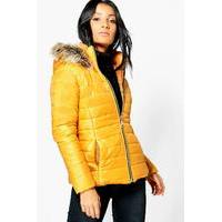 Faux Fur Hood Quilted Jacket - mustard