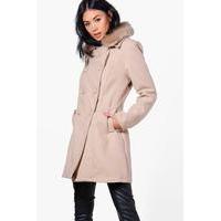 Faux Fur Collar Double Breasted Coat - stone