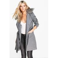 Faux Fur Collar Belted Coat - grey