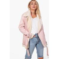 Faux Fur Lined Aviator Jacket - pink