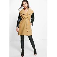 Faux Leather Sleeve Coat - camel