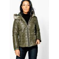 Faux Fur Hood Quilted Jacket - khaki