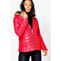 Faux Fur Hood Quilted Jacket - red