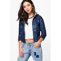 faux leather hooded biker jacket navy