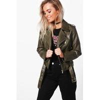 Faux Leather Biker Jacket - khaki