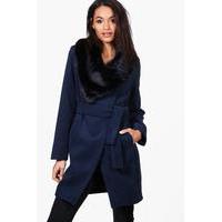 faux fur collar belted coat navy