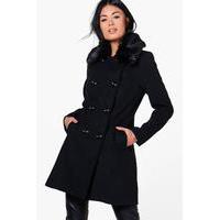 Faux Fur Collar Double Breasted Coat - black