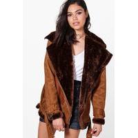 Faux Fur Lined Bonded Aviator Jacket - brown