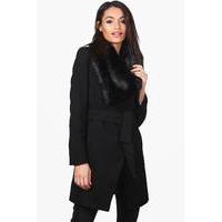 faux fur collar belted coat black