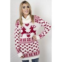 Fairisle Knitted Christmas Jumper Dress with Roll Neck in Cream & Red