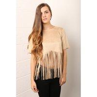 faux suede fringe crop top in beige