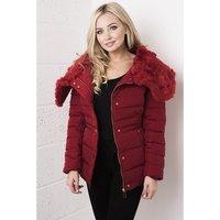Faux Fur Hooded Padded Coat in Red