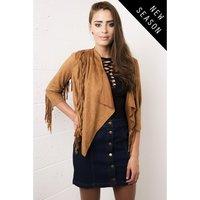 faux suede fringed jacket in camel