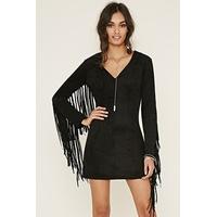 Faux Suede Fringe-Trim Dress