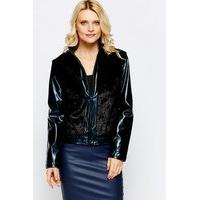 faux fur panel zip front pocket jacket