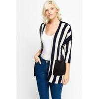 Faux Leather Pocket Stripe Cardigan