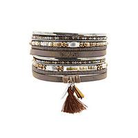 Fashion Women Multi Rows Metal Leaf Rhinestone Crystal Beads Magnet Leather Bracelet