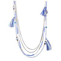 Fashion Women Bohemia Multi Rows Chain Crystal Beads Fabric Tassel Handmade Necklace