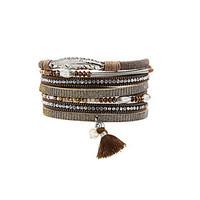 Fashion Women Multi Rows Metal Leaf Rhinestone Crystal Beads Spring Magnet Leather Bracelet