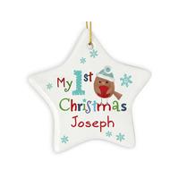 Felt Stitch Robin \'My 1st Christmas\' Ceramic Star Decoration