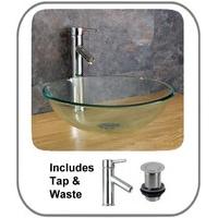 Ferrara 35cm Clear Glass Circular Countertop Sink with Pop Up and Tap