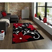 Felice Black Rugs & Red Contemporary Flower Motif Mat OC15 - 60cm x 225cm (2\' x 7\'4\