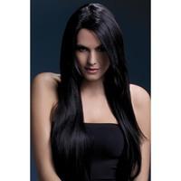 fever womens long straight black wig with feathered bangs 28inch one s ...