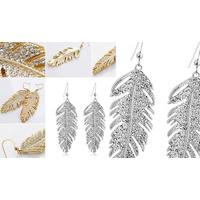 Feather Rhinestone Earrings Gold
