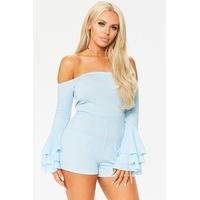 felicity powder blue frill sleeved bardot playsuit