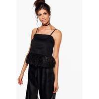 feather trim woven cami black