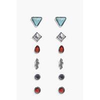 Feather Stone Stud 6 Earring Set - silver