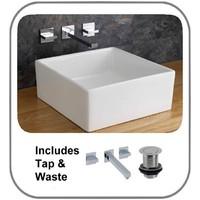 Firenze 38.5cm Countertop Hand Basin complete with Quadrato Straight Wall Mounted Tap and Plug