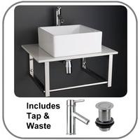 Firenze 38cm x 39cm Square Sink with Wall Hung 60cm White Shelf Tap Set
