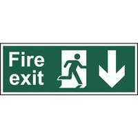 fire exit man arrow down self adhesive sticky sign 400 x 150mm