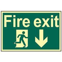 fire exit running man arrow down photoluminescent 300 x 200mm