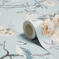 fine dcor chinoiserie teal foliage birds wallpaper