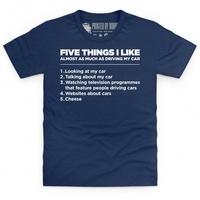 five things i like cars kids t shirt