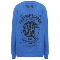 Firetrap boys long sleeve pure cotton slogan and logo ride free pull on crew neck top - Cobalt