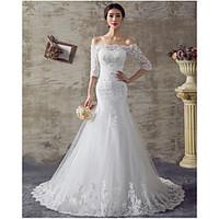 fit flare wedding dress floral lace sweep brush train off the shoulder ...