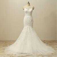 Fit Flare Wedding Dress See-Through Court Train Jewel Lace Tulle with Appliques Beading Button Lace