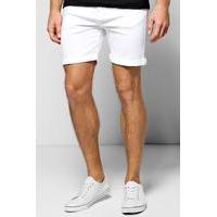 fit white denim shorts in mid length white
