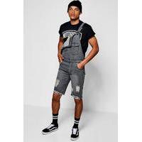 Fit Destroyed Denim Dungaree Shorts - grey