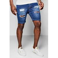 Fit Distressed Denim Shorts - mid blue