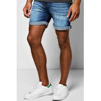 fit indigo wash denim shorts in short length indigo