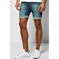 Fit Denim Shorts with Green Wash in Mid Length - denim