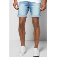 fit mid wash denim shorts in mid length blue