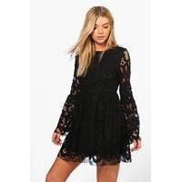 fi lace bell sleeve fit flare dress black